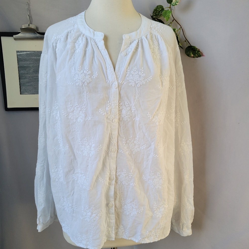 Joie Floral Embroidered Button Front Blouse White L